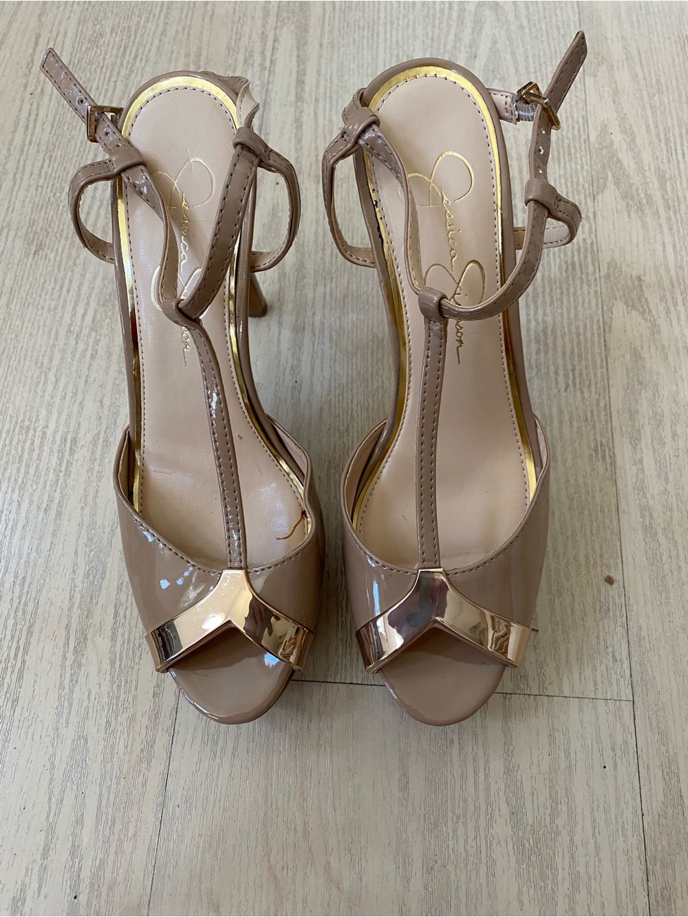 Jessica Simpson Nude Patent T-Strap Heels with Gold Trim